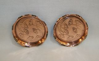 Antique Pair Carl Deffner Arts & Crafts Art Nouveau Copper Wine Glass Coasters.