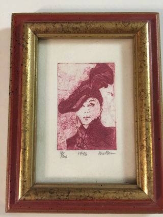 Small Vintage Print Of Woman Wearing Hat Signed & Numbered Gilt Wood Frame