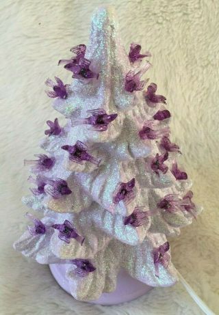 Rare Vintage Small Ceramic Christmas Tree Lighted - Purple - 7 1/2 " Birds