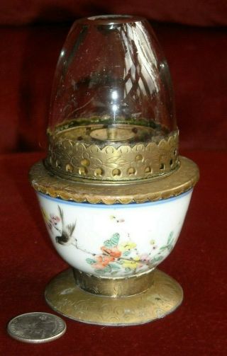 Antique Vintage Miniature Oil Lamp Drop In Brass Font,  Asian Marks,  Porcelain