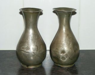 Antique Chinese Changsha Pewter Vases - Fully Marked / Signed To Base 