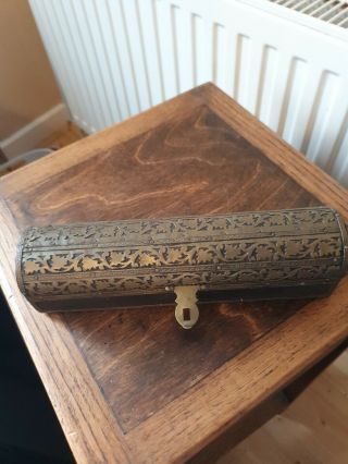 Arts And Crafts Brass & Wood Pencil Box With Intricate Brass Detail