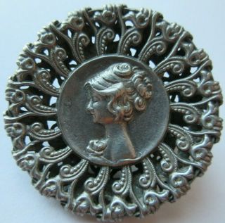 Exquisite Xl Antique Vtg Metal Filigree Picture Button Art Nouveau Woman (q)