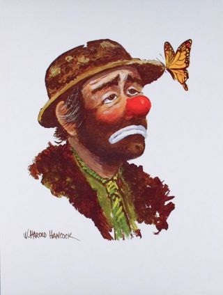 Vintage Emmett Kelly Sad Clown Art Print W.  Harold Hancock Butterfly Poster