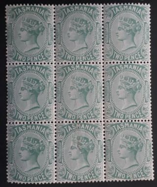 Rare 1878 - Tasmania Australia Blk 9 X 2d Green Sideface Stamps Perf 14 Muh
