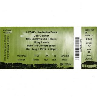 Joe Cocker & Huey Lewis Concert Ticket Stub Clarkston Mi 8/9/12 Dte Energy Rare
