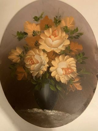 Shabby Chic Vintage Cottage Oval Painting Peach Roses In Vase 8x10”
