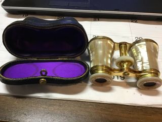 Antique Mother Of Pearl Brass Opera Glasses Binoculars With Case