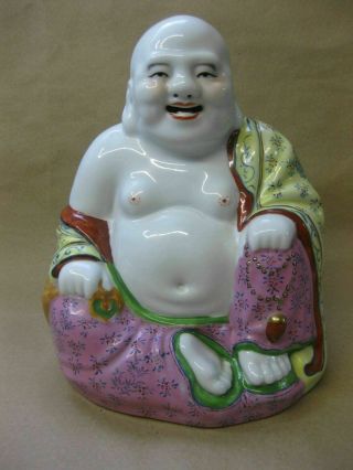 Vintage Chinese Porcelain Laughing Buddha Figure Reticulated Mouth & Ears 8 "