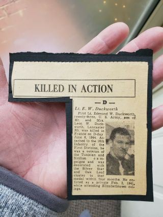 Rare Wwii Kia Newspaper Notice Killed In Action D - Day June 6 Us Army 1st Div.  Gi