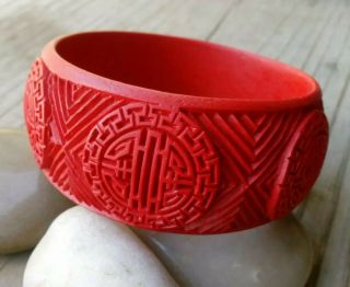 Vintage Hand Carved Cinnabar Red Bangle Bracelets 65 Mm By 30 Mm Wide