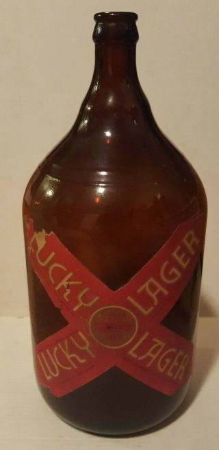 Antique Vintage Lucky Lager Beer Bottle Jug 1/2 Gallon 1941