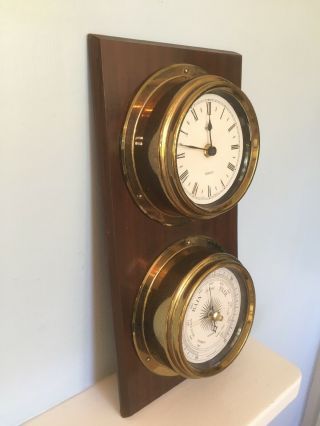 Vintage Brass Marine Nautical England Metamec Clock / Barometer Wood Wall Mount