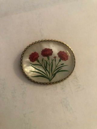 Antique Victorian Reverse Hand Painted 14k Gold Glass Pin