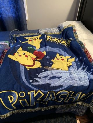 Rare Vintage 42”x52” Pokemon Throw Blanket Tapestry Pikachu Surfing Flying