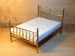 Vintage Miniature Dollhouse Brass Bed with mattress 2