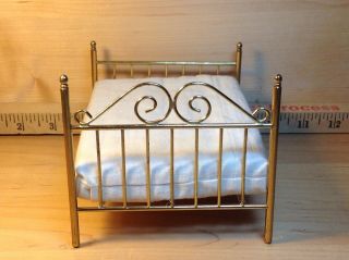 Vintage Miniature Dollhouse Brass Bed with mattress 3