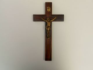 Antique Religious Wall Cross Crucifix Wood & Gilded Spelter 19 Century