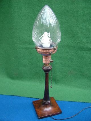 Arts & Crafts Mahogany Table Lamp Copper Fittings Cut Glass Acorn Shade