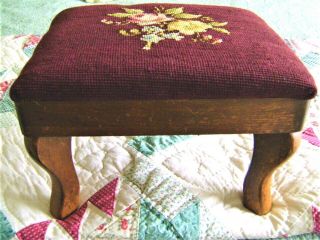 Vintage Victorian Footstool Burgundy Needlepoint Floral Top