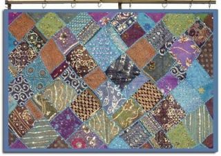 60 " Blue Crazy Quilt Beaded Vintage Sari Sequin Moti Wall DÉcor Hanging Tapestry