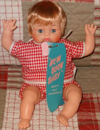 Vintage " Born Baby " Vinyl Doll Soft & Cuddly Marked U Red & White Outfit