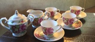 Vintage Porcelain Peony 6 Tea Cups & Saucers Cream & Sugar Demitasse Japan