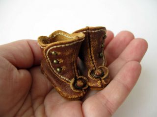 Tiny Handmade Leather Doll Boots For Antique Doll 1 - 3/8 In (35 Mm)