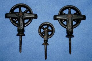 3 Small Antique Metal Pulleys With Screw Bases - 2 - 1/2 " & 1 - 3/4 " Wheels