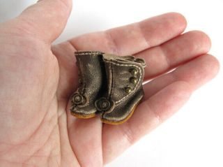 Tiny Handmade Brown Leather Doll Boots For Antique Doll 1 - 3/16 In (28 Mm)