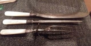 Antique 3 Piece Stamped Sterling Silver And Pearl Handled Carving Set Fork