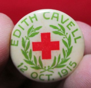 Very Rare Pin Red Cross Edith Cavell Nurse Vintage Celluloid Hard To Find Wwi