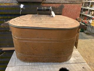 Vintage Antique Copper Boiler Tub Pot With Lid Wood Handles Props Etc.