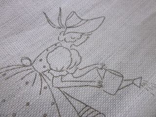 Linen Tablecloth Crinoline Lady In Garden Embroidery To Do & Candy Stripe Edge