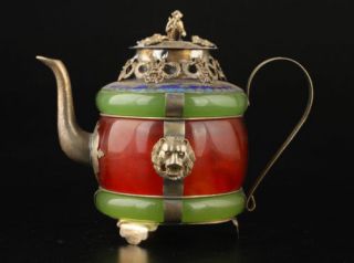 China Handwork Old Green & Red Jade Bracelet Inlay Tibet - Silver Dragon Teapot B1