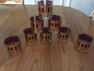 Culver Cranberry Gold Scroll Cocktail Glass Lowball Red Mcm Vtg Set Of 8 - Rare