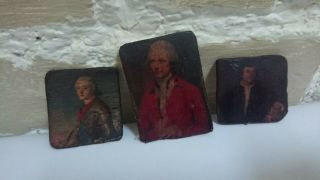 3 X Vintage Miniature Picture Of 18th Century Men Portrait Wood Painting