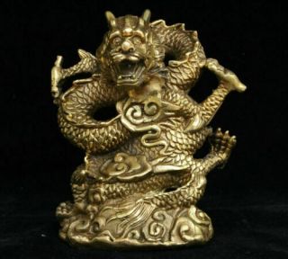Chinese Folk Feng Shui Bronze Brass Carved Myth Lucky Zodiac Year Dragon Statue