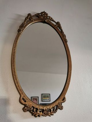 Vintage Oval Wall Mirror Ornate Gold Coloured Gilt Metal Frame