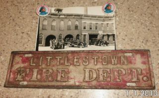 Antique Aluminum Littlestown Fire Department Sign,  Photo And 2 Buttons