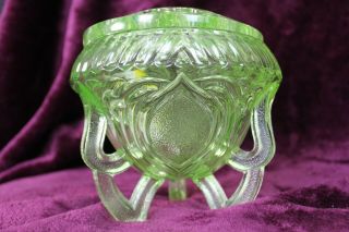 Antique Sowerby Art Deco Uranium Green Glass Posy / Rose Bowl With Glass Frog
