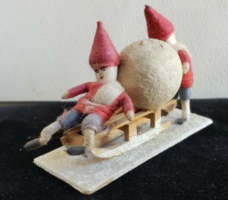 Rare Geman Cotton Batting Christmas Ornament,  Two Elves On Sled Pushing Snowball