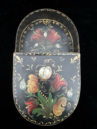 Vintage Handpainted Black/gold Metal Floral Tole Flower Wall Pocket