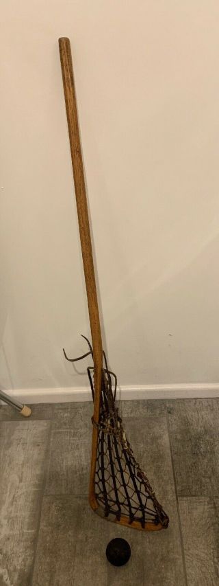 Antique Vintage Retro Wooden Lacrosse Stick With Ball