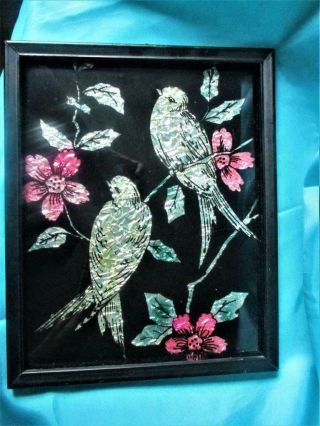 Vintage Antique Foil Folk Art Reverse Painted On Glass Bird Picture Pink Flowers