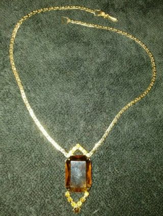 Antique Art Deco Czech Style Amber Glass Choker Necklace Citrine Rhinestones