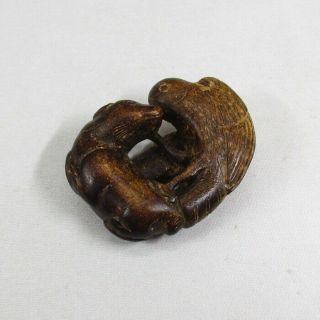 B846: Real Old Japanese Wooden Netsuke Of Very Rare Image Of Dog And Bird