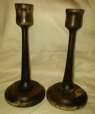 Pair 2 Of Antique Candlesticks Hand Made Turned Arts Crafts Mission Wood