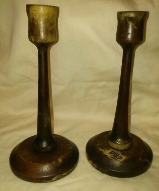 Pair 2 of Antique Candlesticks Hand Made Turned Arts Crafts Mission Wood 2