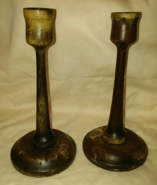 Pair 2 of Antique Candlesticks Hand Made Turned Arts Crafts Mission Wood 3